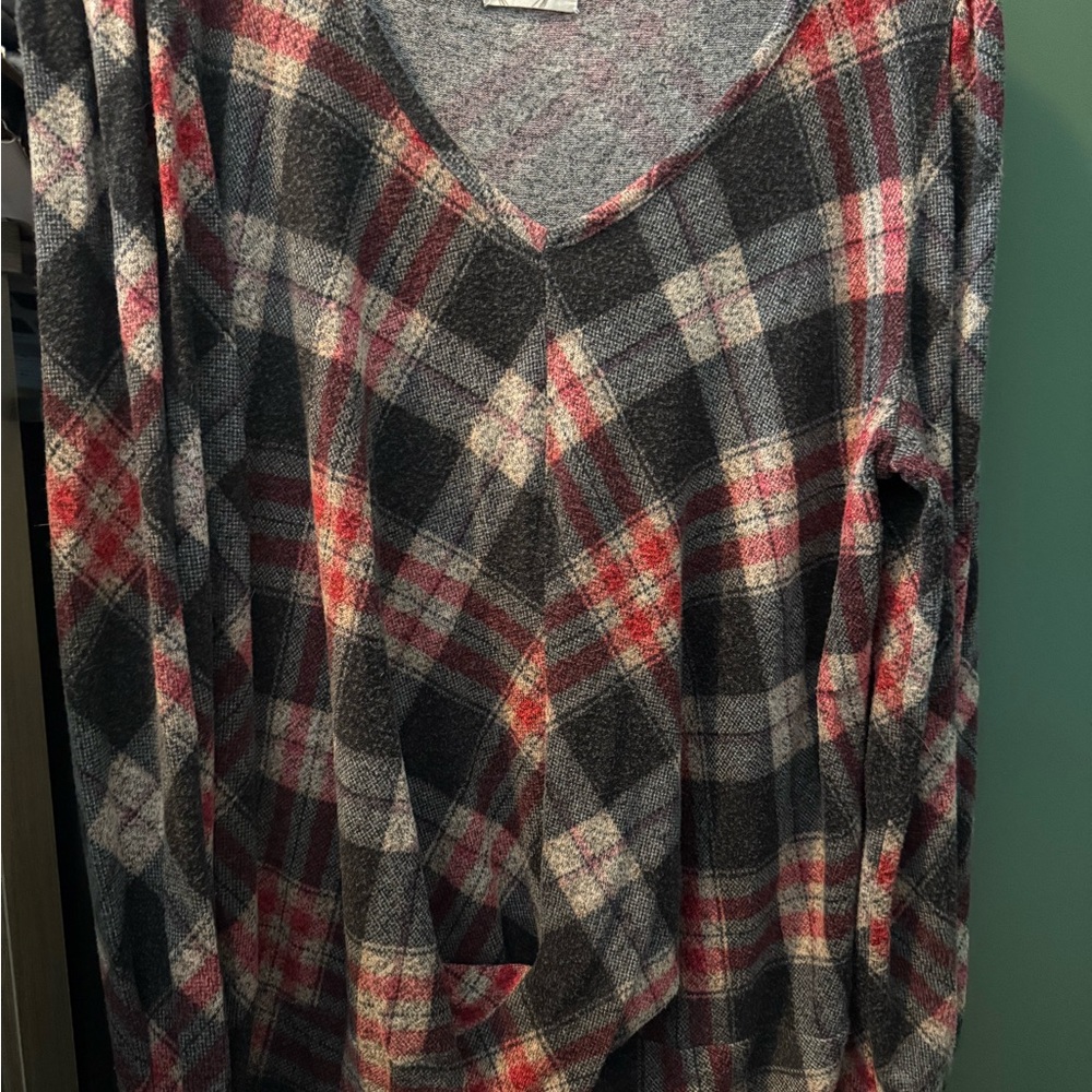Maurices Red and Gray Plaid V-Neck Sweater